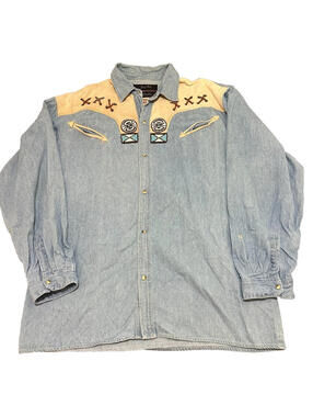 Johnny Hallyday Western Passion Blue Denim Cowboy Shirt Men XL Country Button